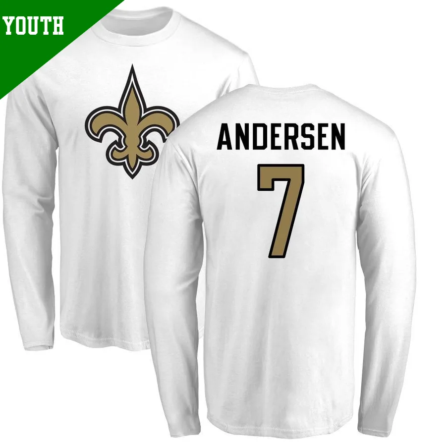 Youth Morten Andersen New Orleans Saints White ＃7 Name & Number Logo Long Sleeve T-Shirt