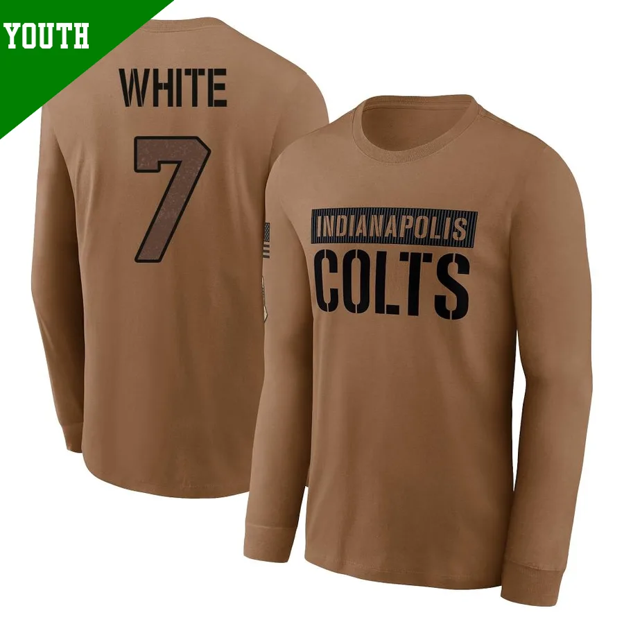 Youth Xavier White Indianapolis Colts Brown ＃7 2023 Salute To Service Long Sleeve T-Shirt